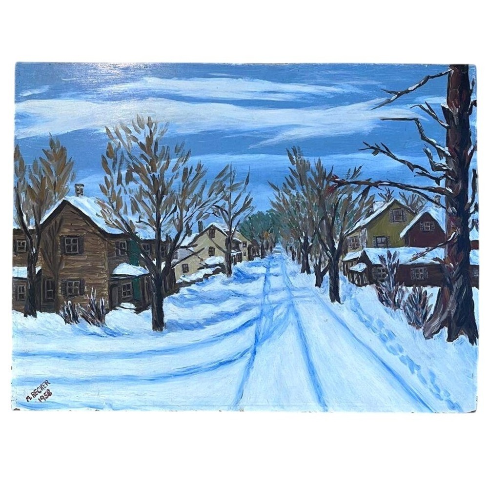 Original Winter Landscape Oil Painting on Board 18x24 Vintage 50's MCM Folk Art